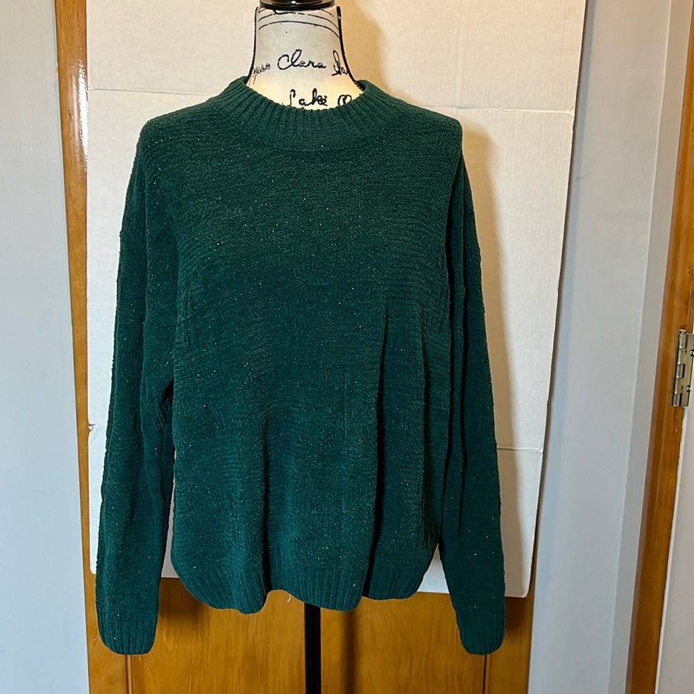 Weatherproof Vintage Ladies' Holiday Chenille Sweater, Green. Mock Turtleneck
